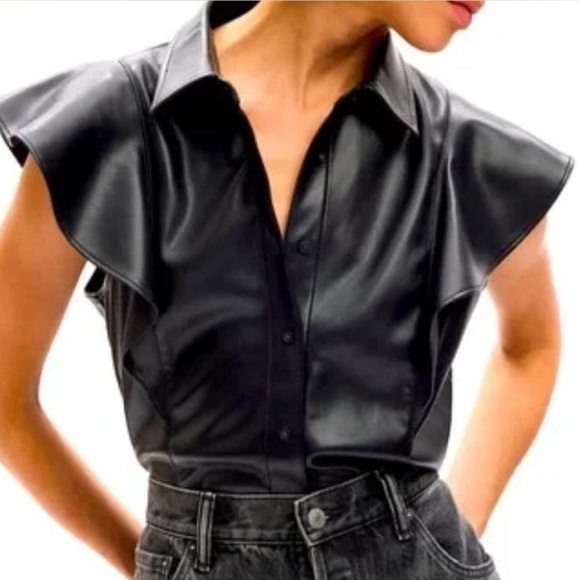 GAP Tops - NWT Women’s Gap Vegan Leather Flutter Sleeve Shirt in black. Size Small Tall
